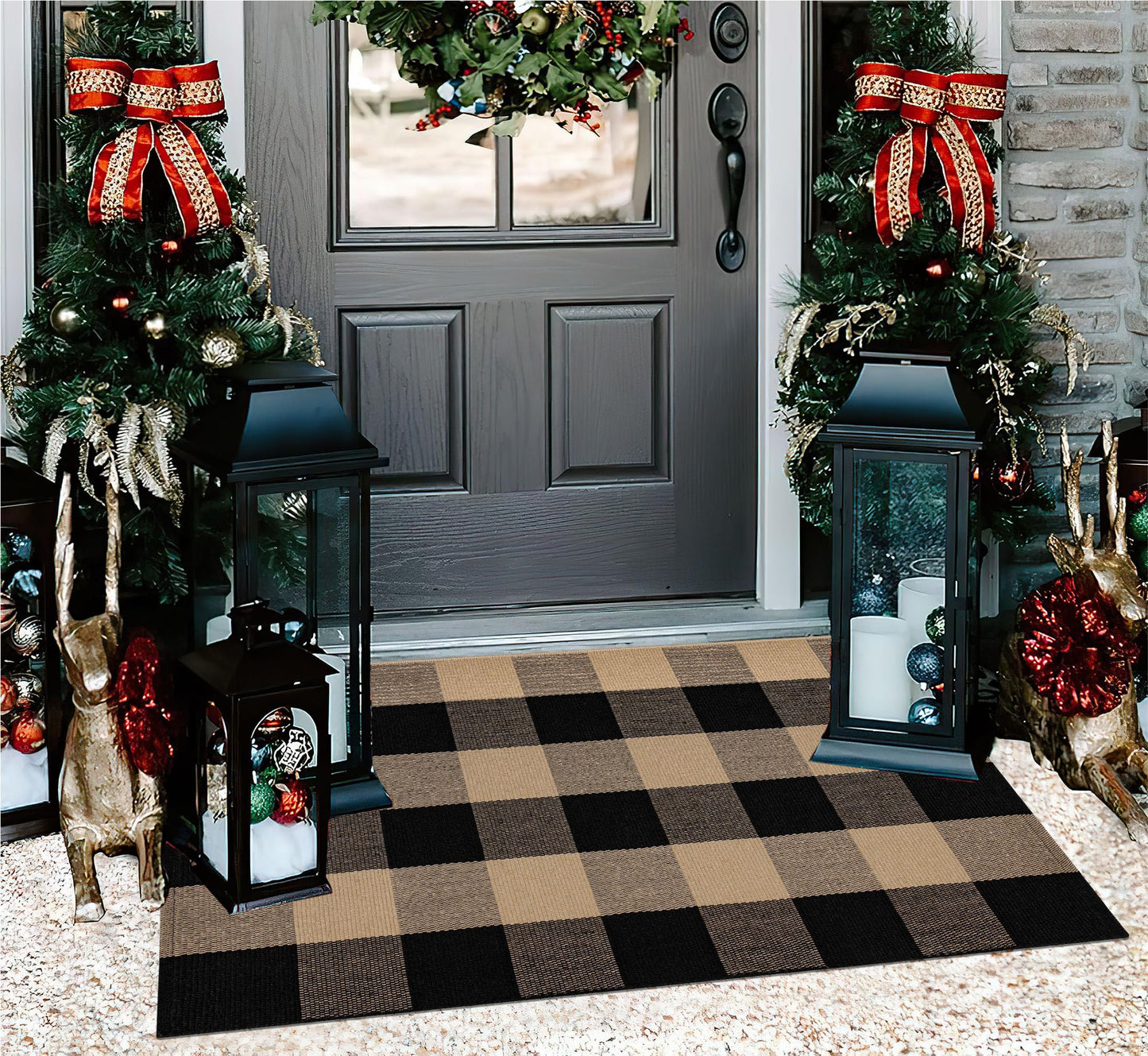 Checkered Front Door Mat Outdoor 24''x35''Buffalo Plaid Outdoor Rug Cotton Washable Layered Doormat for Bedroom,Bathroom,Farmhouse,Entryway,Home Entrance