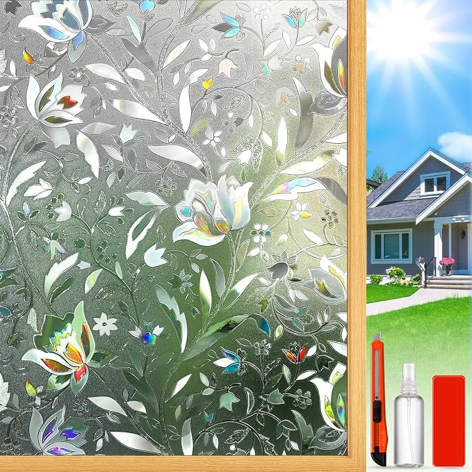 Rainbow Window Privacy Film Decorative, Stained Glass Windows Tint for Home, 3D Decals Clings for Glass Windows, Static Cling Window Sticker, Suncatcher Cover,35.4" by 157.4"