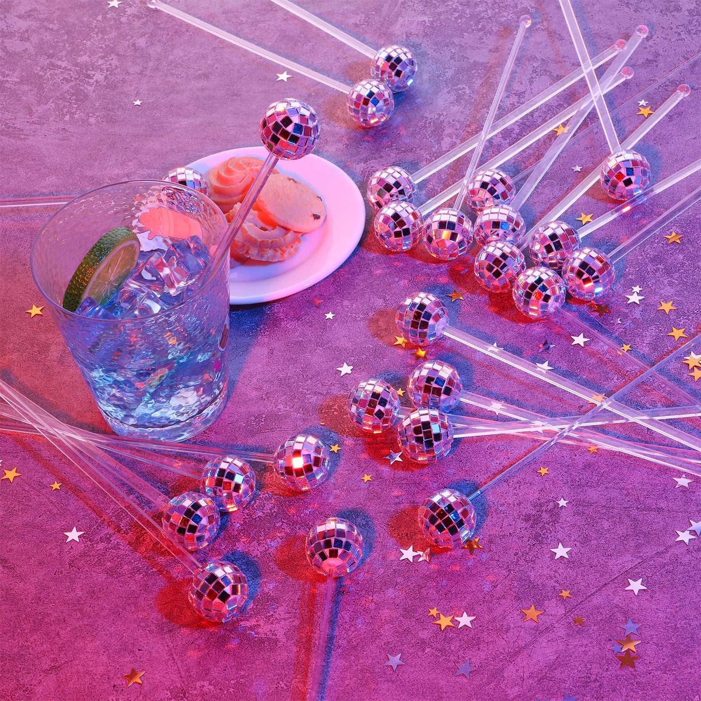 JJUNW 80 Pcs Disco Balls Cocktail Stirrers, Round Top Swizzle Sticks, Cake Pops Mirror Ball Coffee Beverage Stirrers Decorative Straws for Home Bar Bachelorette Wedding New Year Party Decor