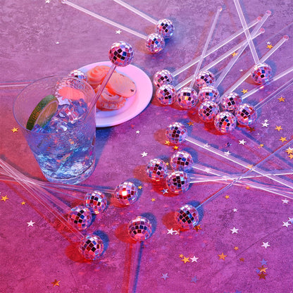 JJUNW 80 Pcs Disco Balls Cocktail Stirrers, Round Top Swizzle Sticks, Cake Pops Mirror Ball Coffee Beverage Stirrers Decorative Straws for Home Bar Bachelorette Wedding New Year Party Decor