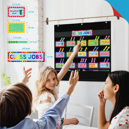 SpriteGru Class Jobs Pocket Chart, 1 Pocket Chart+83 Erasable Cards+3 Metal Hooks+2 Markers, Teacher’s Helper for Classroom Home School Bulletin Board (24.6” x 26”, Black)