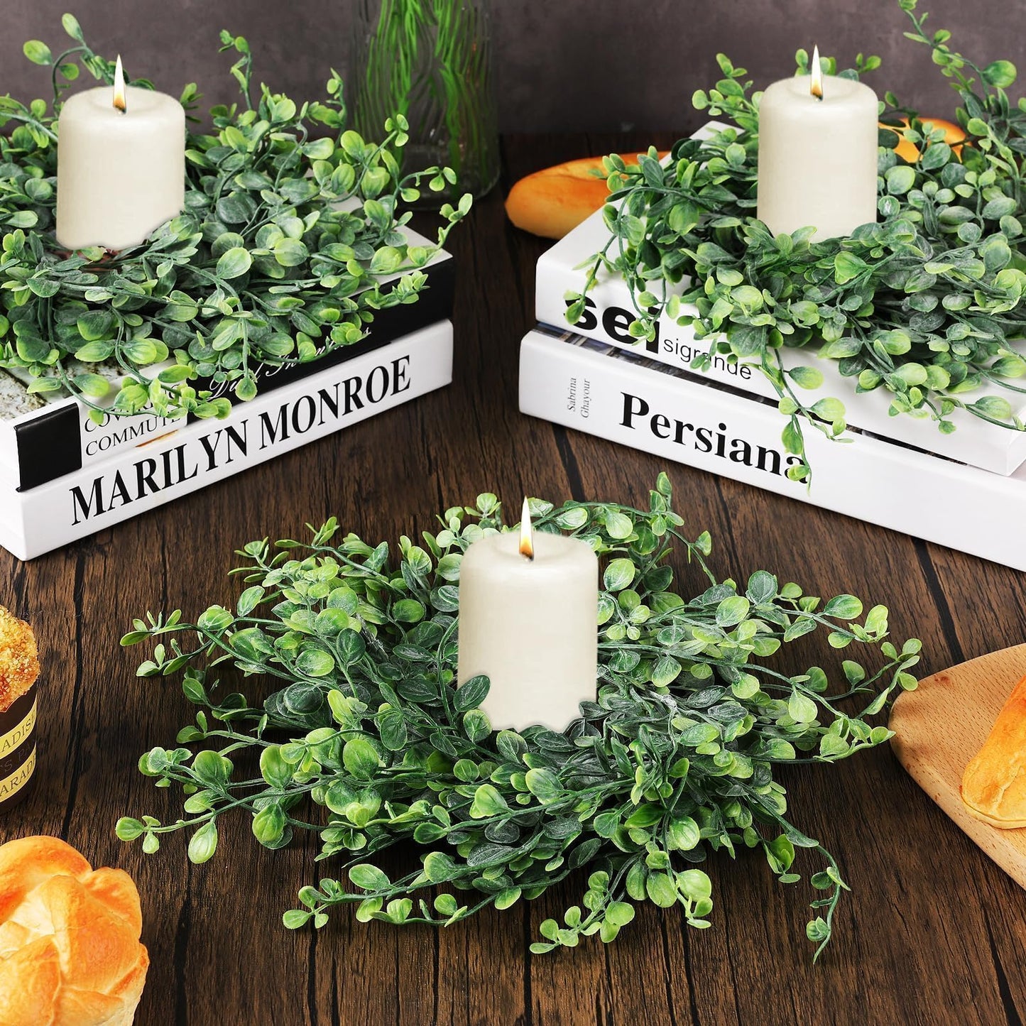 Mini Green Boxwood Candle Rings Wreaths Spring Summer Kitchen Cabinet Swags Wreath 3 Inch Wedding Rings Wreaths Pillar Candle Holder for Wedding Home Door Tabletop Decor