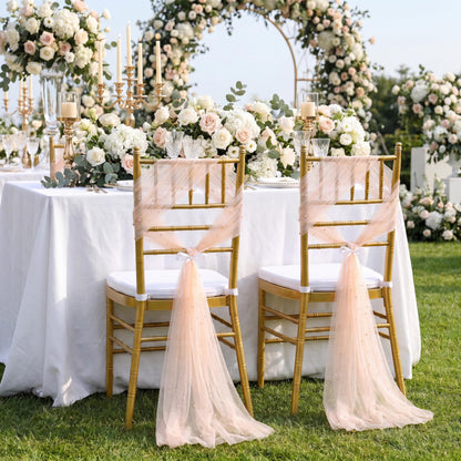 QueenDream Wedding Chair Sashes Aisle Decorations: Champagne Pearls Chair Cover 16 Pack 8FT Long Tulle Draping Fabric Reception Church