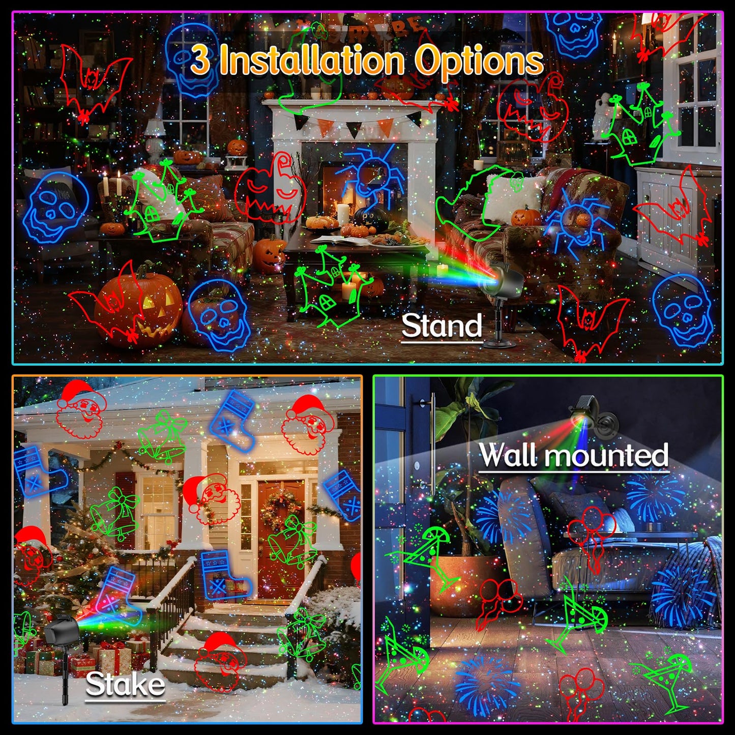 Christmas Lights Projector Outdoor, 2-in-1 Holiday Light Projector with 4 Slides & 8 Brighter HD Patterns, Moving RGB Firefly Effects Light for Christmas Decorations, Halloween, Yard & Garden