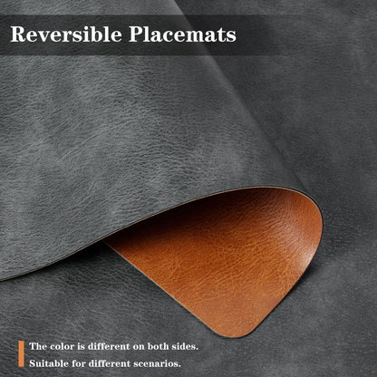 Pixieora Faux Leather Placemats and Coasters Set of 6, Washable Reversible Placemats Cowhide Pattern Place Mats Waterproof Non-Slip Kitchen Dining Table Mats Drink Coasters (Gray Brown, 6)