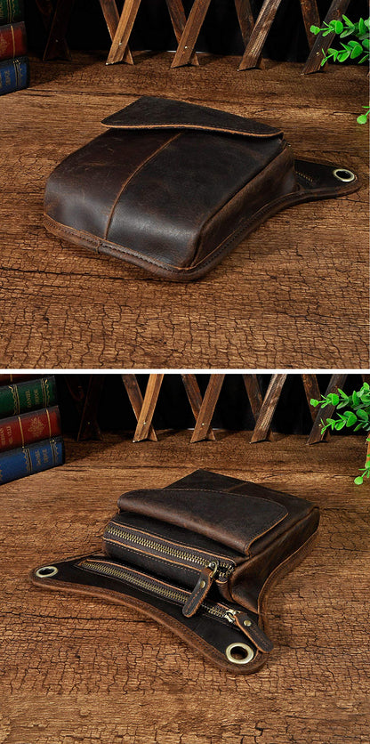 Le'aokuu Mens Genuine Leather Messenger Hiking Waist Hip Bum Pack Drop Leg Bag 211-3 1 Dark Brown