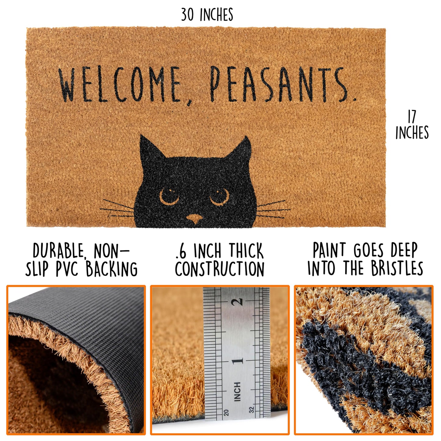 Welcome Peasants Cat Doormat 30x17 Inch, Funny Black Cat Door Mat for Covered Area, Funny Welcome Mat Gift w/ Non-slip PVC Backing