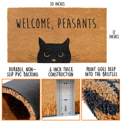 Welcome Peasants Cat Doormat 30x17 Inch, Funny Black Cat Door Mat for Covered Area, Funny Welcome Mat Gift w/ Non-slip PVC Backing