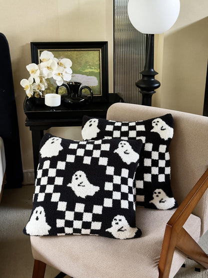 Ultra Soft Cozy Checkered Ghost Happy Halloween Knitted Throw Pillow Cover Fluffy Microfiber Checkerboard pillocase Lightweight Decorative for Sofa Bed 18 Inches Both Sides Black