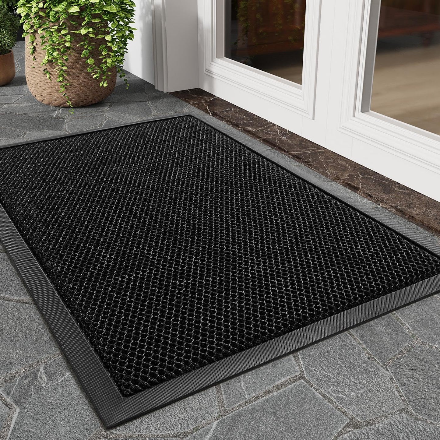 tchdio Front Door Mat Outside Entrance, 17"x29" Doormat Mud Dirt Trapper, Non Slip Welcome Mat Durable Door Mats for Front Door, Heavy Duty Entry Mat Stain Resist for Entryway, Black