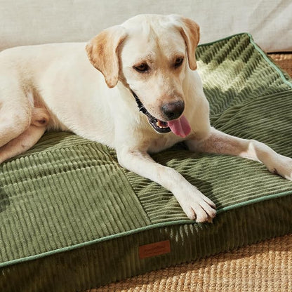 FUKUMARU Dog Bed, Thickened Corduroy Orthopedic Dog Beds with Washable Cover, Large Waterproof Dogs Bed for Crate, 28D Egg Crate Foam Support Pet Mat, Cozy Pet Bed Pad with Anti-Slip Bottom, Green