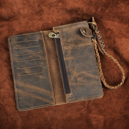 Le'aokuu Mens Genuine Leather Bifold Wallet Organizer Checkbook Removable Chain Wallet