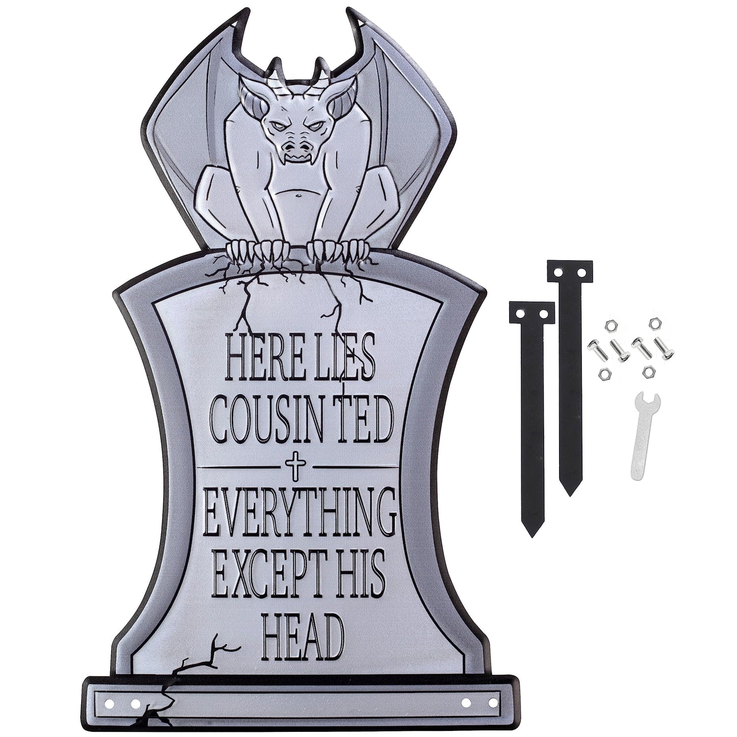 3-D Metal Halloween Ghost XL 17" Tombstone w Stakes-RIP Cousin Ted(Gargoyle)-Durable, Rustproof, UV Raised Printing-Upgrade Your Haunted House Party Cemetery Lawn Decor-No More Flimsy Foam Graveyards