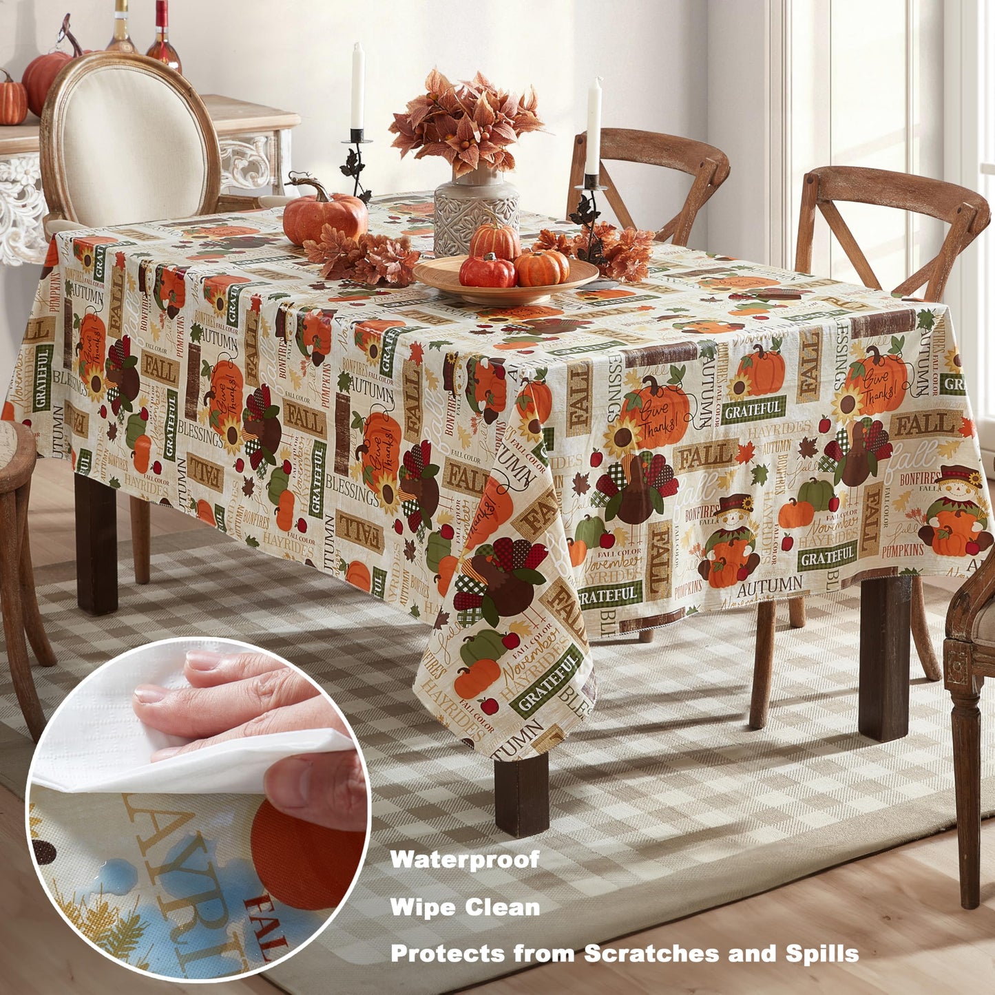 Newbridge Fall Hayride & Happy Scarecrow Vinyl Tablecloth with Flannel Backing, 52 x 70 Inch Rectangle – Gingham Turkeys & Pumpkins Rustic Thanksgiving Table Cover