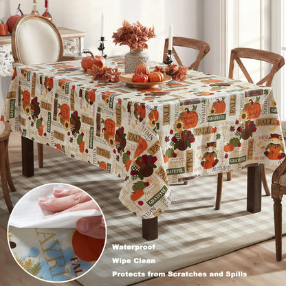 Newbridge Fall Hayride & Happy Scarecrow Vinyl Tablecloth with Flannel Backing, 52 x 70 Inch Rectangle – Gingham Turkeys & Pumpkins Rustic Thanksgiving Table Cover