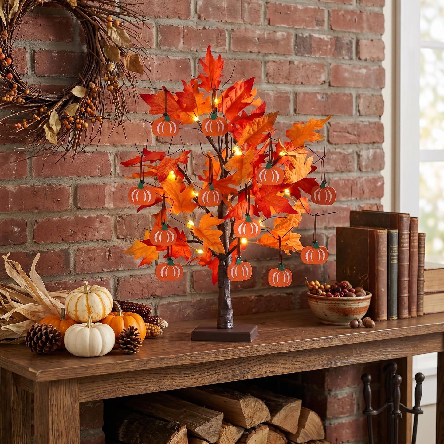 hogardeck Fall Decorations for Home, Thanksgiving Decorations, 24”2FT Lighted Maple Leaves Tree with 24 LEDs & 12 Wood Pumpkin Ornaments, Battery Powered Timer Artificial Trees for Autumn Table Decor