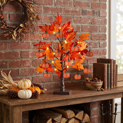 hogardeck Fall Decorations for Home, Thanksgiving Decorations, 24”2FT Lighted Maple Leaves Tree with 24 LEDs & 12 Wood Pumpkin Ornaments, Battery Powered Timer Artificial Trees for Autumn Table Decor