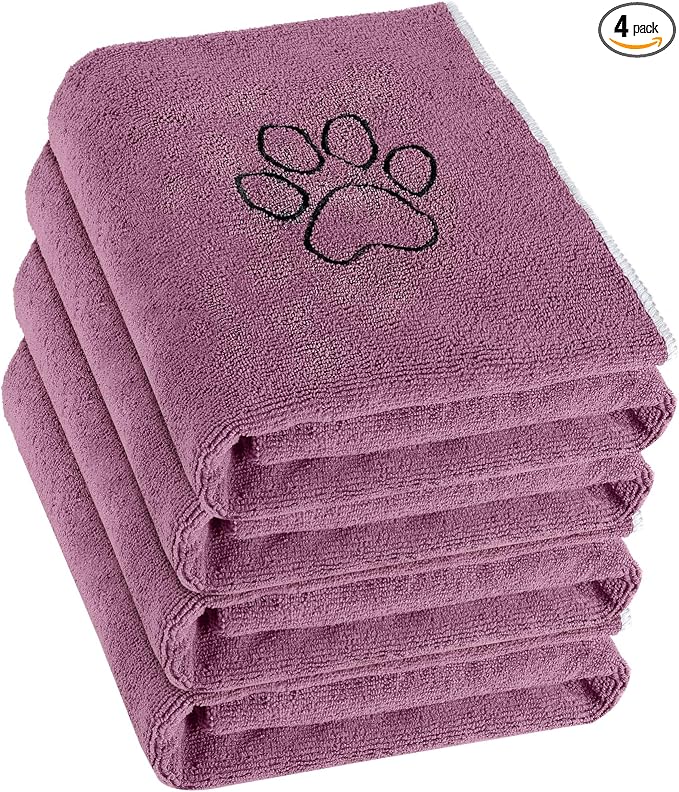 Chumia 4 Pack Dog Towels for Drying Large Microfiber Grooming Tools Absorbent Soft Bath Supplies with Embroidered Paw for Small Medium Pet Products(30 x 50 Inch,Purple)