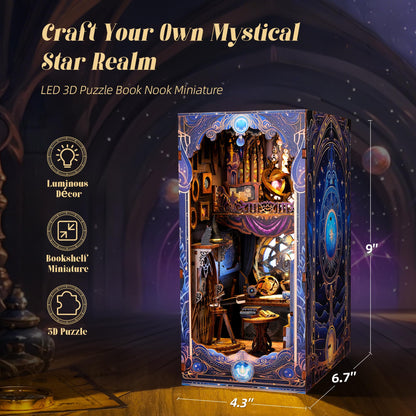 FUNPOLA 3D Wood Puzzle Book Nook Kit, Astrology Star Map Bookshelf Insert with LED Lights, DIY Celestial Miniature Bookend Décor for Display, Unique Craft Gift for Adults and Teens (Astrology)