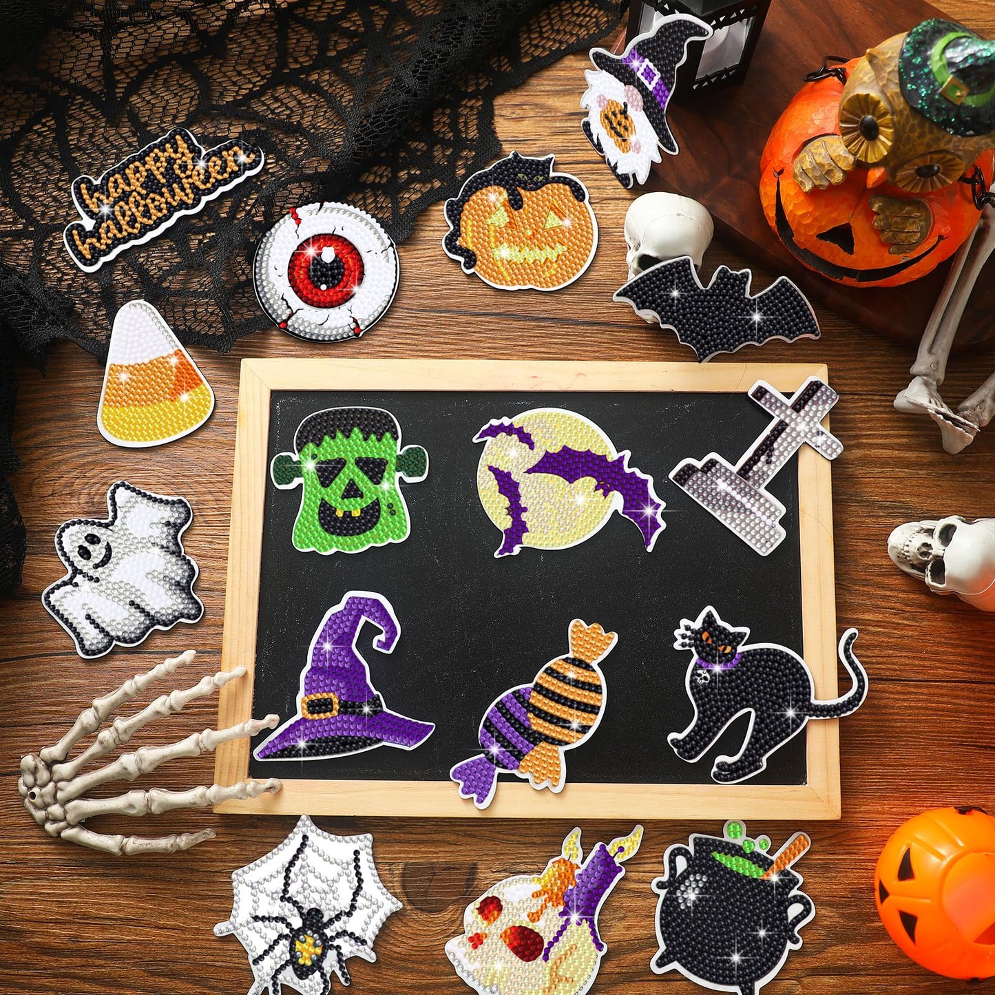 Umigy 16 Pcs Summer Halloween Diamond Art Magnets for Refrigerator Gnome Ghost Bat Cat Diamond Painting DIY Halloween Gems Art Kits for Adults Crafts Home Decor Gift