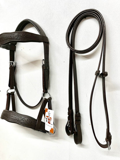 AMAZING HORSE STUFF Sidepull Bitless Bridle with Designer Hand Carving On Brow & Noseband Curved Shaped Brown (Full, Cob, Pony) (Pony)