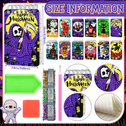 Frienda 12 Pcs Halloween Diamond Painting Notebook Kits for Adults DIY Halloween Diamond Art Journal Notebooks 5d Ghost Gem Dots Cover Notepad Gift Set Journal Art Crafts Accessories with Tools