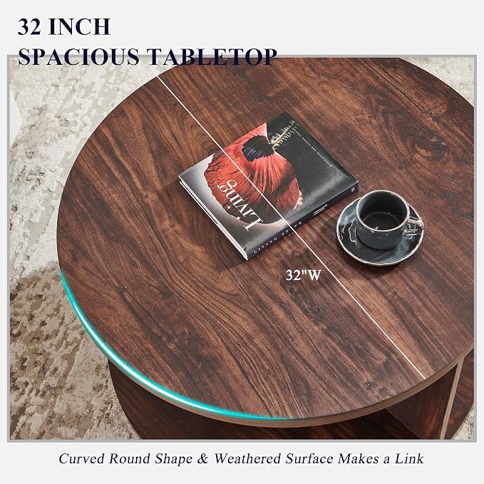 JXQTLINGMU Round Coffee Table for Living Room, 32" Modern Center Table with Cross Support Structure & Open Storage Cubby, Wood Circle Cocktail Table for Small Space, Apartment, Dark Walnut
