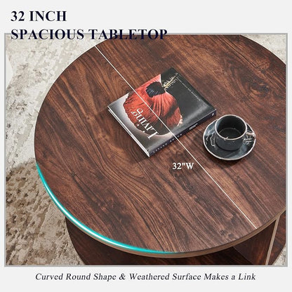 JXQTLINGMU Round Coffee Table for Living Room, 32" Modern Center Table with Cross Support Structure & Open Storage Cubby, Wood Circle Cocktail Table for Small Space, Apartment, Dark Walnut