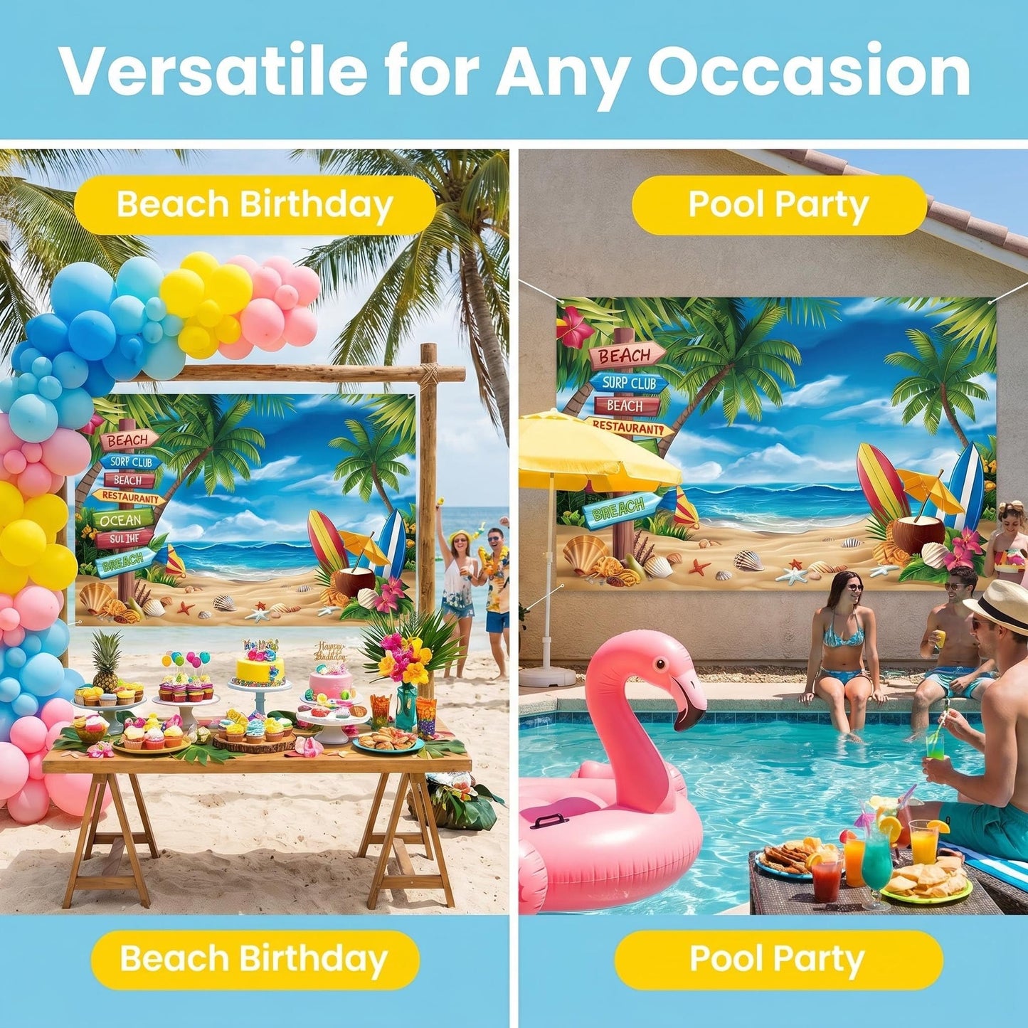 Photo Booth Backdrop and 30Pcs Props, 5x3 ft Aloha Themed Backdrop for Luau Party Decorations, Non-Reflective Surfboard & Tropical Leaf Backdrop for Pool Party, Beach Birthday Backdrop