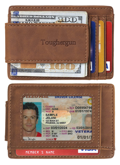 Toughergun Slim Wallet for Men RFID Blocking Money Clip, Minimalist Front Pocket Credit Card Holder, Magnetic Thin Mens Wallets with ID Window(Deep Brown)