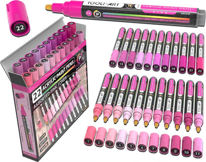 TOOLI-ART 22 Acrylic Paint Markers Paint Pens Pro Color Series Set 3mm Medium Tip for Rock Painting, Glass, Mugs, Wood, Metal, Glass Paint, Canvas, DIY. Non Toxic, Waterbased, Quick Drying (PINK)