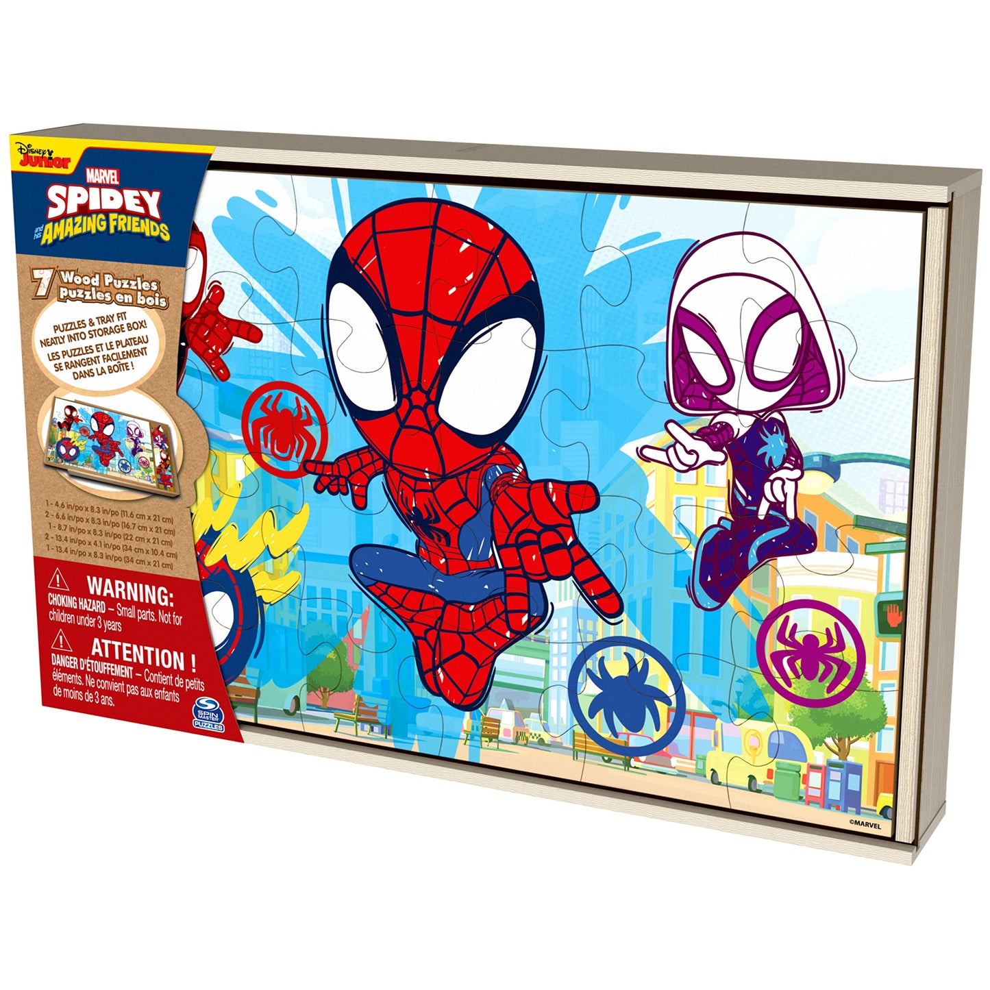 Spin Master Games, Marvel Spidey and His Amazing Friends Puzzles 7-Pack, Jigsaw Kids Puzzles with Sliding Wood Storage Box, Spiderman Toys, for Kids Ages 4 & Up