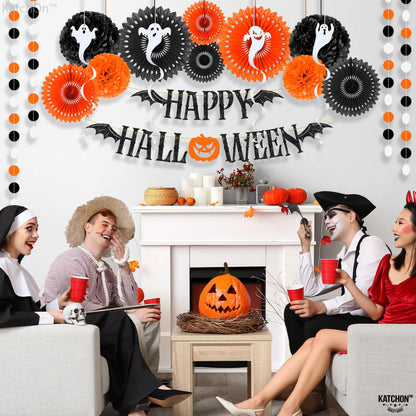 KatchOn, Hanging Halloween Decorations Set - Pack of 17 | Glittery Happy Halloween Banner, Garlands, Ghost Hanging Swirls, Orange Pumpkin, Paper Fan, Spooky | Halloween Decor Hanging Swirls