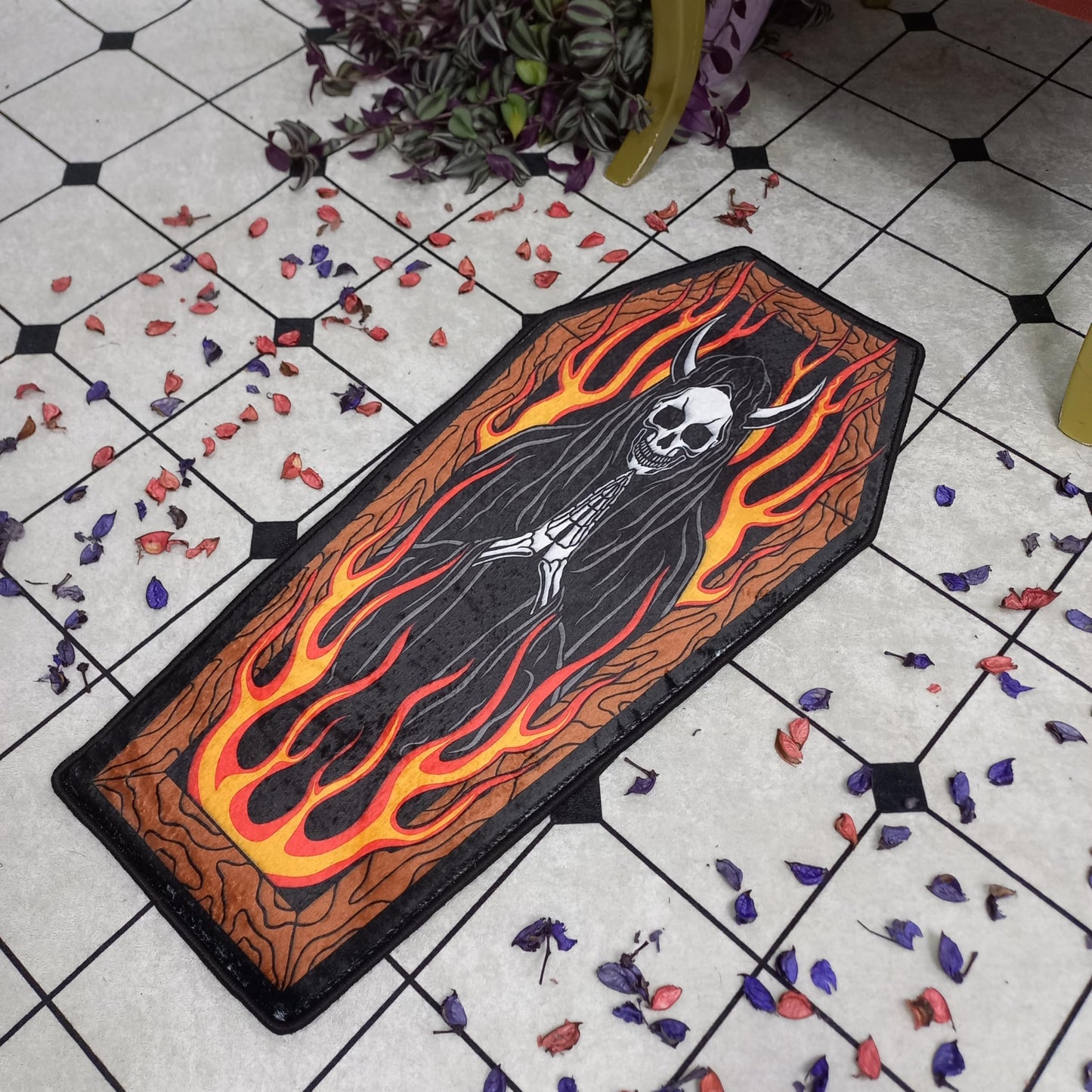Rugendary Grim Reaper Coffin Rug Gothic Fire Skeleton Carpet for Bedroom Halloween Horror Decor Scary Death Flame Nonslip Bedside Spooky Mat 1.3x2.6