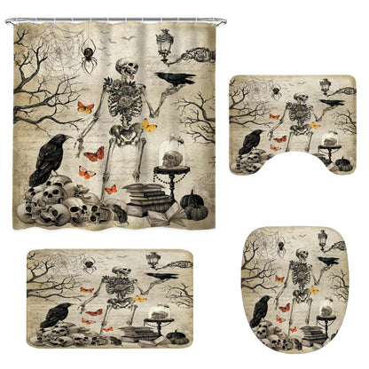 LGhtyro Skull Gothic Shower Curtain Sets，Spooky Scary Skeleton Spider 4PC with Rugs, Toilet Lid Cover and Bath Mat, Goth Halloween Bath Accessories Art Home Decor Fabric 12 Pack Hooks 71Wx71H Inches