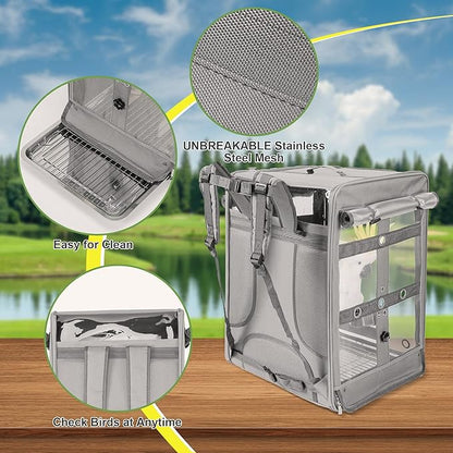 Bird Carrier Travel Cage, Cockatoo Carrier, Parrot Travel Backpack with Unbreakable Stainless Steel Mesh, Perch, Water Bottle and Food Bowl, X-Large Grey