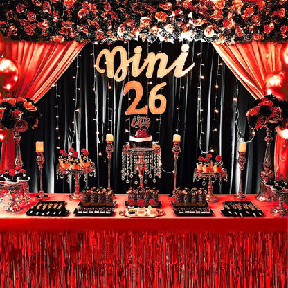 6 PCS Red Metallic Foil Fringe Tinsel Table Skirts 9 Feet x29.5 Inch for Rectangle Tables, Tinsel Backdrop Curtains,Party Supplies,Wedding, Birthday, Parade Floats, Christmas Decorations