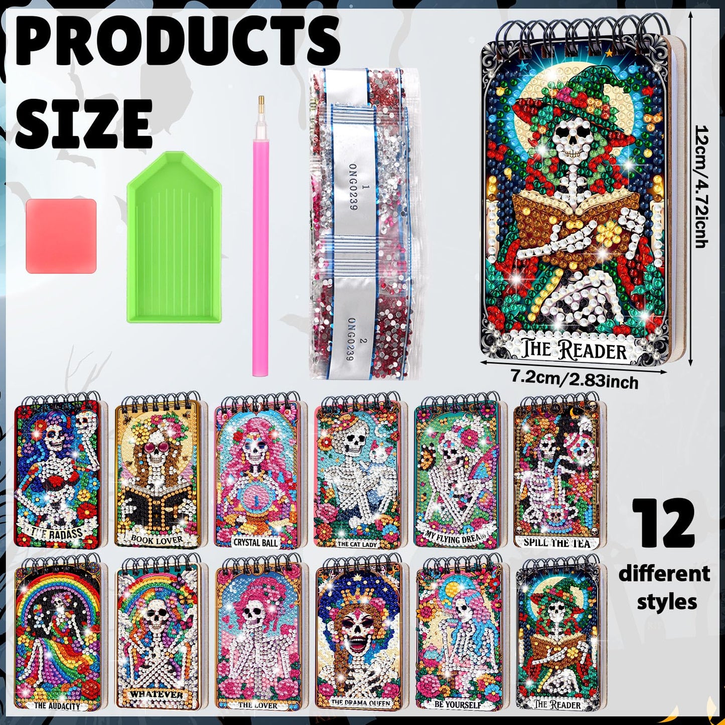 Fuyoooo 12 Pcs Summer Halloween Diamond Art Notebook Kits for Adults DIY Hawaiian Halloween Diamond Painting Notebook Gift Set Cover Notepad 5d Pink Skull Journal Art Crafts Accessories with Tools