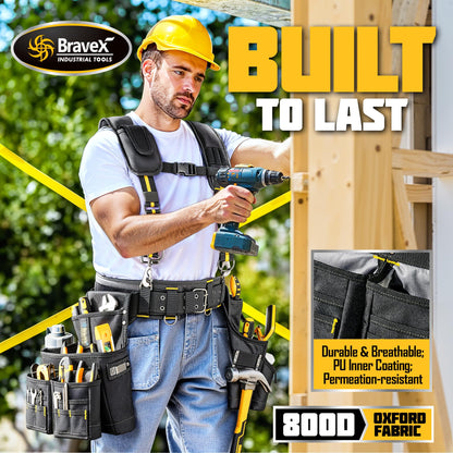 Bravex Tool Belt Suspenders, Tool Vest Pro Ultra 20 Bags H-Style Toolbelt 5 Combo Apron Tool Pouch For Framers Carpenter Electrician 1200D Ballistic Nylon