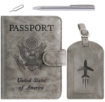 Passport Holder With Luggage Tag Cover Wallet RFID Blocking Leather Case Travel Essentials Accessories Travel Must Have(114#Grey)