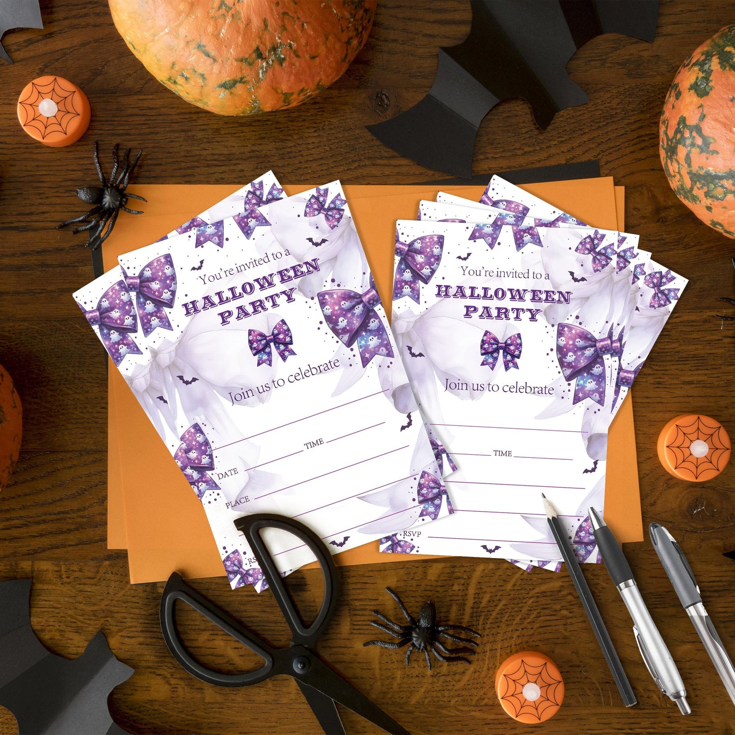 SIXEIGHT Purple Bow Halloween Party Invitations, Cute Ghost Halloween Invitations for Boys Girls, 25 Pack Purple Invite Cards with Envelopes, Wedding Birthday Baby Shower Party Decorations-E07
