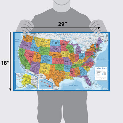 3 Pack - World & USA Maps + Solar System Poster Set [BLUE] (LAMINATED, 18" x 29")