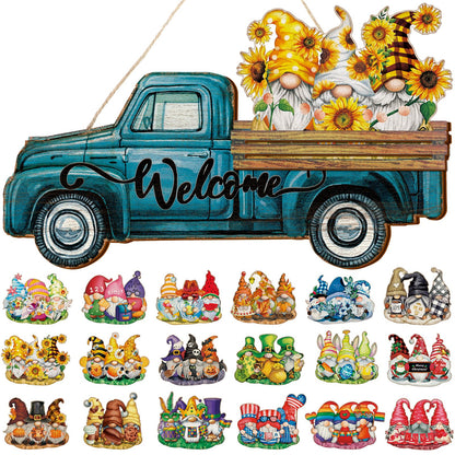 Chitidr Spring Summer Interchangeable Gnome Welcome Sign, 1 Seasonal Wooden Truck Door Hanger with 22 Spring Summer Holiday Gnome Decorations (Blue)