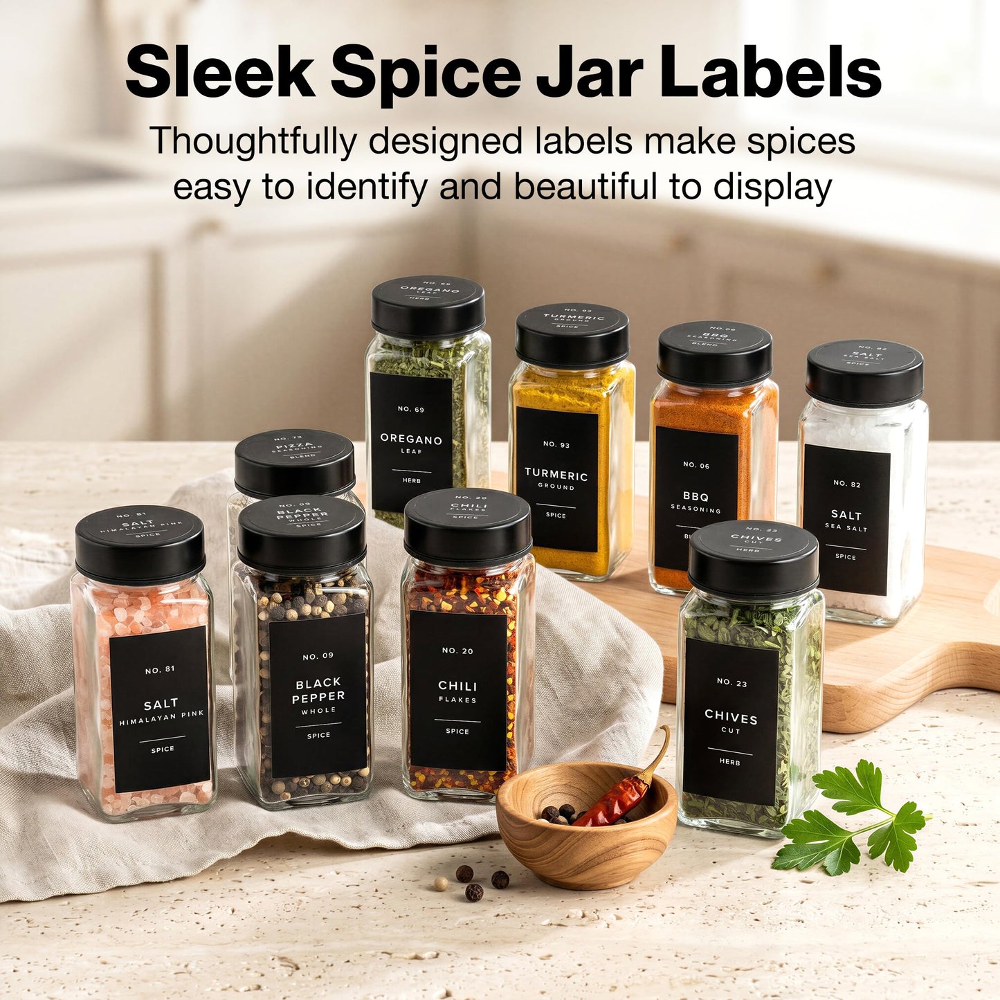 Minimalist Spice Jar Labels Self-Adhesive - 240 Stickers for Spice Jars, Spice Jars & Drawers, Round & Rectangular, Waterproof Spice Organiser Labels for Kitchen Organisation (Black)