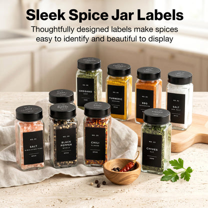 Minimalist Spice Jar Labels Self-Adhesive - 240 Stickers for Spice Jars, Spice Jars & Drawers, Round & Rectangular, Waterproof Spice Organiser Labels for Kitchen Organisation (Black)