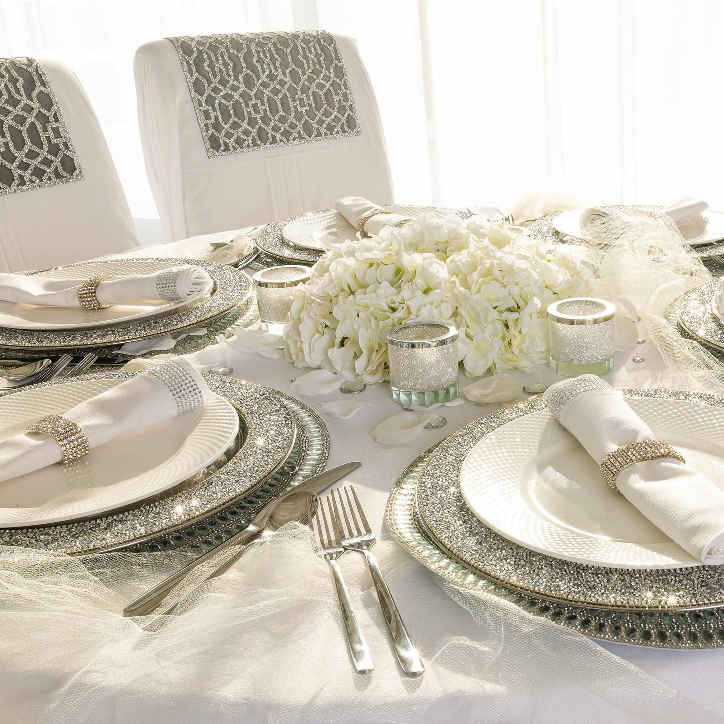 Flower Placemat, Stunning Glass Rhinestones, Protective Felt Back, for Formal Dining Tables Setting, Events, Wedding, Silver, 15", Sold Individually