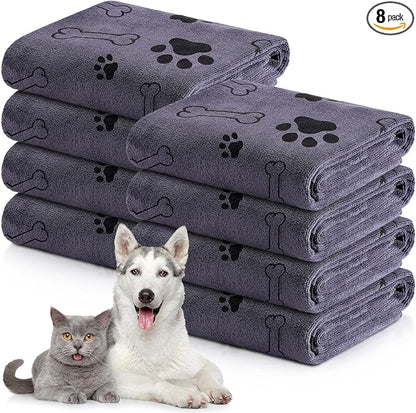 Chumia 8 Pcs Dog Towels for Drying Dogs Cats Pet Towels Bulk Puppy Microfiber Fast Drying Paw Bath Bathing Supplies Absorbent for Medium Pets(40 x 24 Inch,Dog Paw and Bone,Gray)