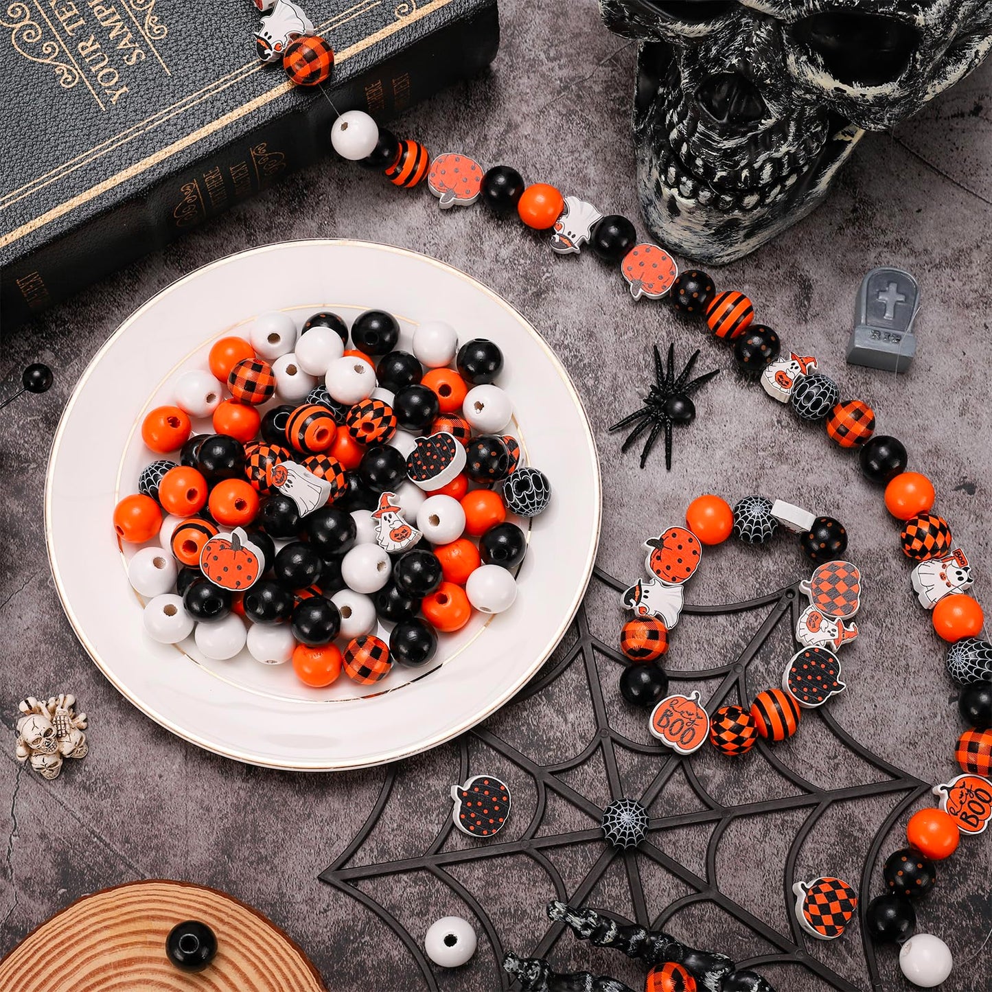 Whaline 210Pcs Halloween Wooden Beads Ghost Pumpkin Spider Web Craft Bead Black Orange Round Loose Beads for DIY Crafts Bracelet Necklace Making Supplies