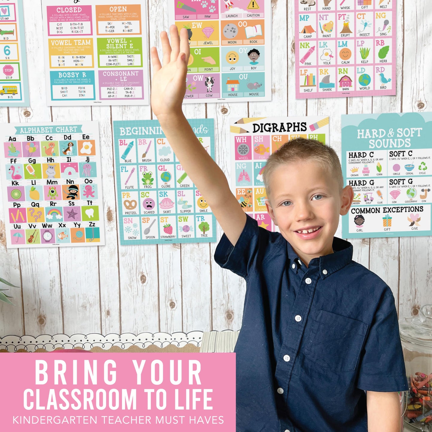 Hadley Designs Phonics Posters for Classroom Must Haves - 9 Sound Wall for Kindergarten & Elementary Teacher Supplies, Syllable, Vowels, Digraphs & Blends Bulletin Board Set, Pastel Classrom Decor