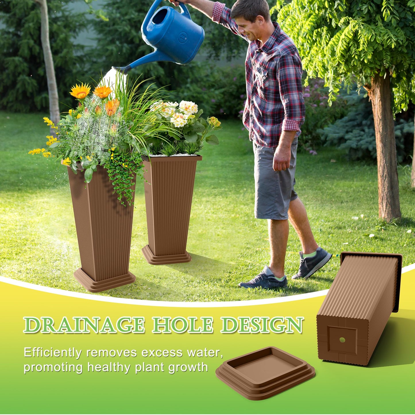 TUYOHW Set of 2 Tall Planters, 24" Large Indoor Outdoor Flower Pots with Tray, Modern Tapered Planters for Porch, Patio, Garden, Backyard